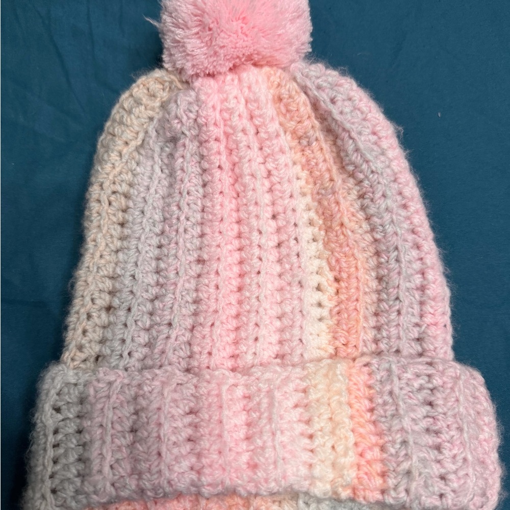 Cozy Pink and Cream Knit Pom-Pom Beanie